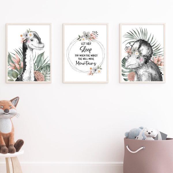 Floral Dinosaur Wall Art Prints, Set of 3, Brachiosaurus, Triceratops, Girls bedroom decor, Jurassic Theme