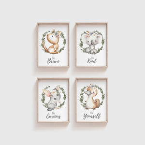 Australian Animal Wall Prints, Set of 4 Nursery Prints, Floral Kangaroo Koala Bilby Platypus with Greenery Wreath