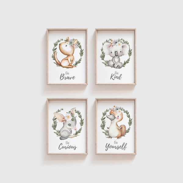Australian Animal Wall Prints, Set of 4 Nursery Prints, Floral Kangaroo Koala Bilby Platypus with Greenery Wreath