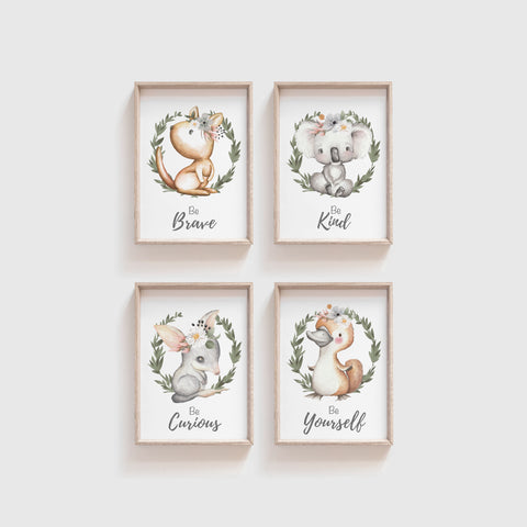 Australian Animal Wall Prints, Set of 4 Nursery Prints, Floral Kangaroo Koala Bilby Platypus with Greenery Wreath
