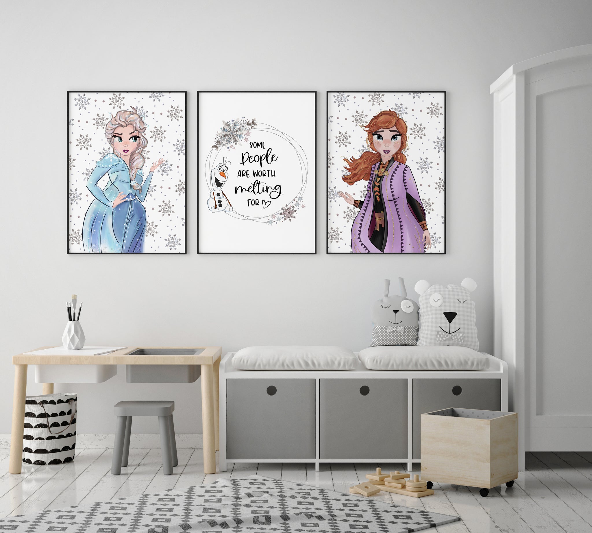 Frozen Elsa & Anna Wall Print Set of 3, Olaf Some People are Worth Melting For Quote, Disney Wall Art, Kids Bedroom Decor, Frozen Wall Print