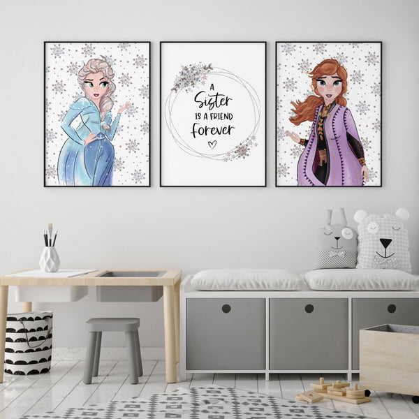 Frozen Elsa & Anna Wall Print Set of 3, A Sister is a Friend Forever Quote, Disney Wall Art, Kids Bedroom Decor, Frozen Wall Print