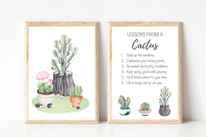 Set of 2 Watercolour Cactus Prints - Plant Art Prints with Motivational Quotes - Cacti in Pots Wall Art