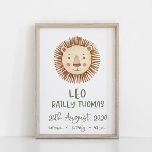 Personalised Name and Birth Print, Lion Neutral Bedroom Wall Art, Toy Room Theme, Nursery Art