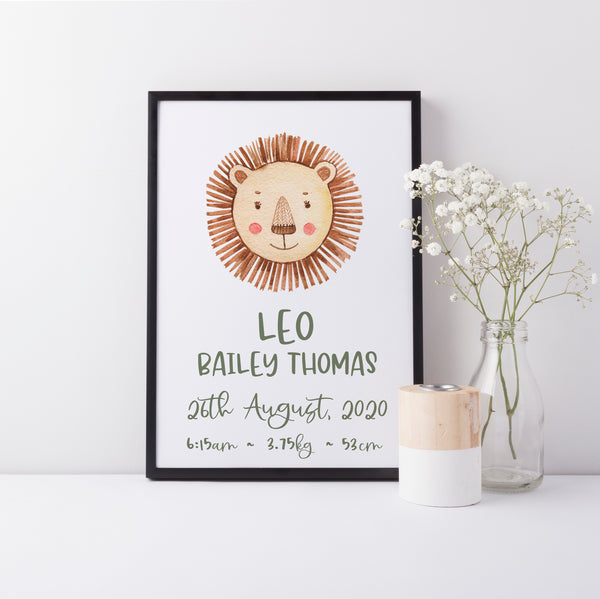 Personalised Name and Birth Print, Lion Neutral Bedroom Wall Art, Toy Room Theme, Nursery Art