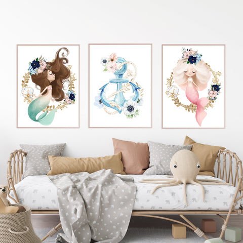 Under the Sea Mermaid Print Set, Baby Girl Mermaid Nursery Prints, Girls Bedroom Decor, Nautical Floral Anchor