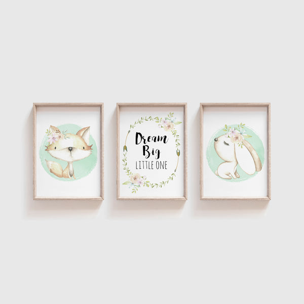 Boho Soft Floral Fox & Rabbit "Dream Big Little One" Print Set of 3