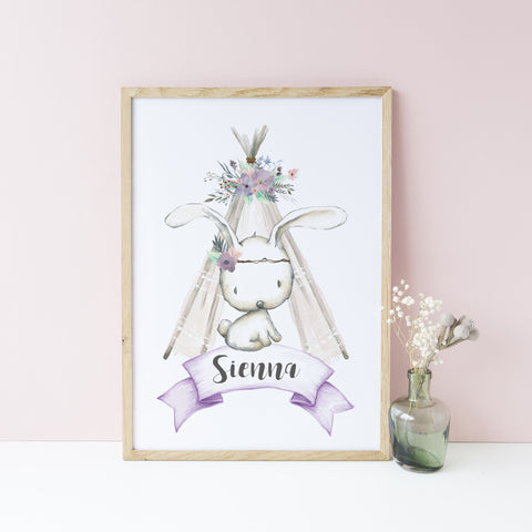 Personalised Woodland Purple Floral Bunny Print Kids Bedroom/Nursery Wall Art Decor