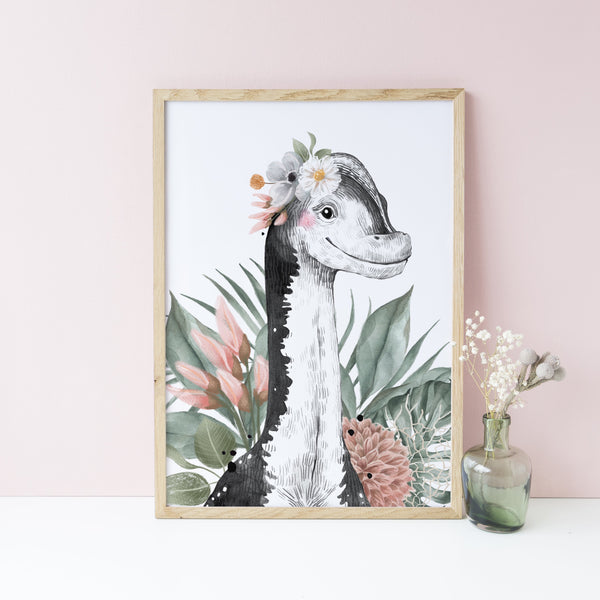 Floral Dinosaur Wall Art Prints, Set of 3, Brachiosaurus, Tyrannosaurus Rex, Girls bedroom decor, Jurassic Theme