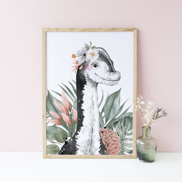 Floral Dinosaur Wall Art Print, Brachiosaurus Girls Bedroom Wall Art, Jurassic Theme Nursery Kids Bedroom Decor