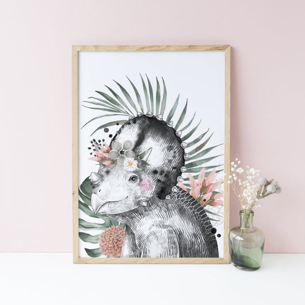 Floral Dinosaur Wall Art Print, Triceratops Girls Bedroom Wall Art, Jurassic Theme Nursery Kids Bedroom Decor