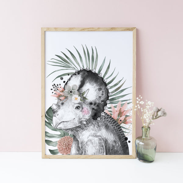 Floral Dinosaur Wall Art Prints, Set of 3, Brachiosaurus, Triceratops, Girls bedroom decor, Jurassic Theme