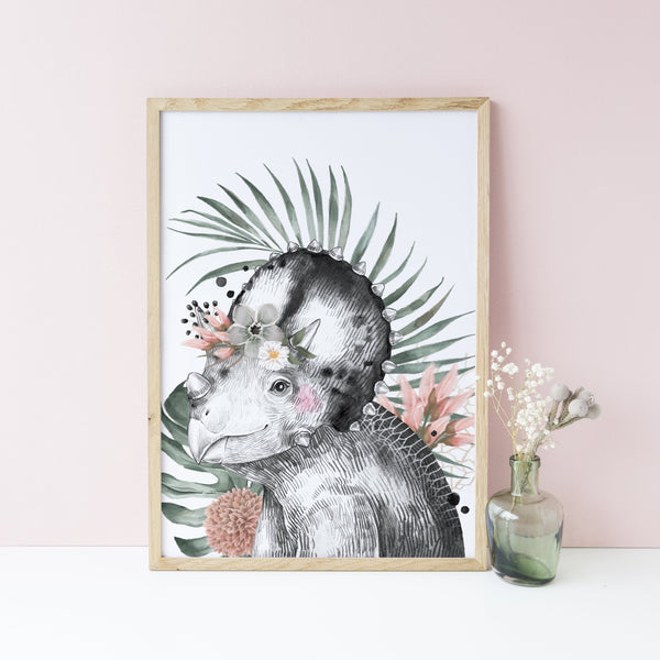 Floral Dinosaur Wall Art Prints, Set of 3, Brachiosaurus, Triceratops, Tyrannosaurus Rex, Girls bedroom decor, Jurassic Theme