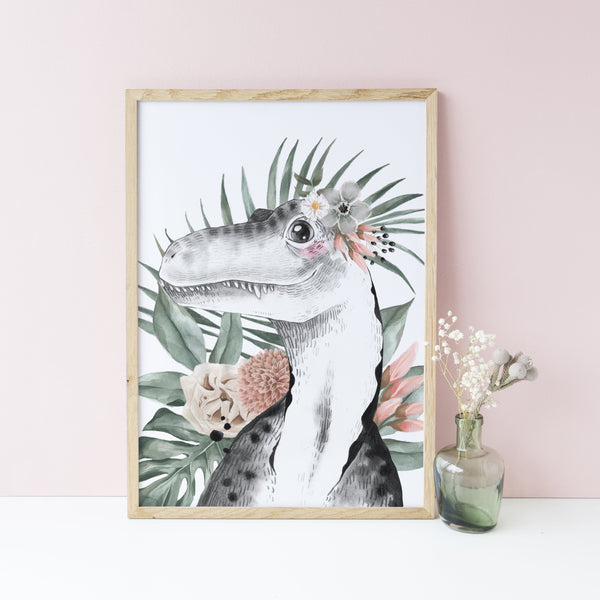 Floral Dinosaur Wall Art Print, Tyrannosaurus Rex. Girls Bedroom Wall Art, Jurassic Theme Nursery Kids Bedroom Decor