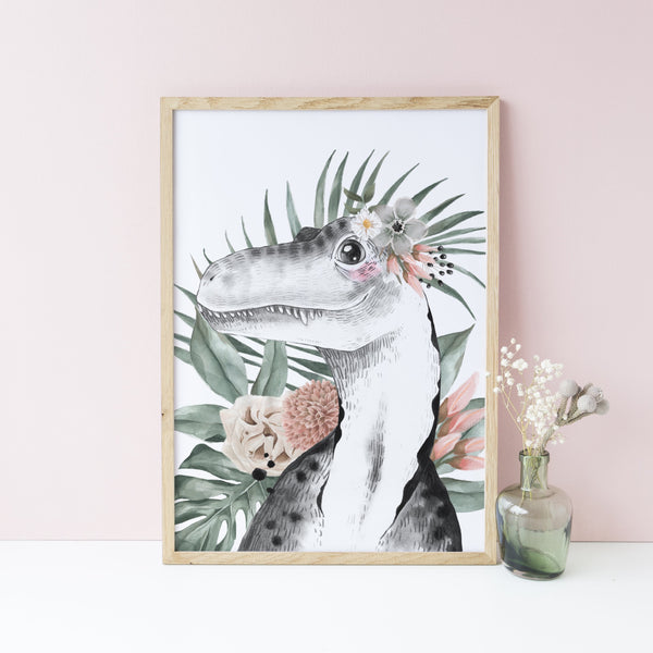 Floral Dinosaur Wall Art Prints, Set of 3, Brachiosaurus, Tyrannosaurus Rex, Girls bedroom decor, Jurassic Theme