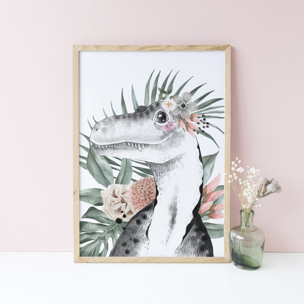 Floral Dinosaur Wall Art Prints, Set of 3, Brachiosaurus, Tyrannosaurus Rex, Girls bedroom decor, Jurassic Theme