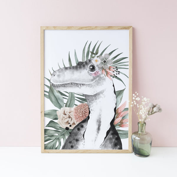 Floral Dinosaur Wall Art Prints, Set of 3, Brachiosaurus, Triceratops, Tyrannosaurus Rex, Girls bedroom decor, Jurassic Theme