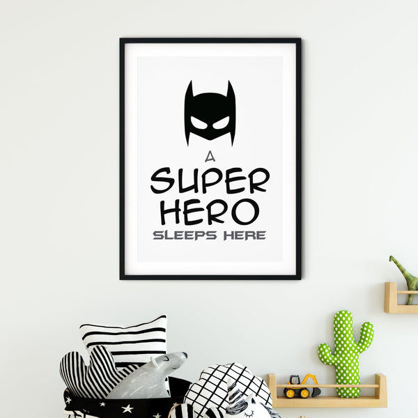 A Superhero Sleeps Here, Kids Bedroom Batman Wall Art Decor, Comic Character, Superhero Wall Art Print