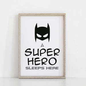 A Superhero Sleeps Here, Kids Bedroom Batman Wall Art Decor, Comic Character, Superhero Wall Art Print