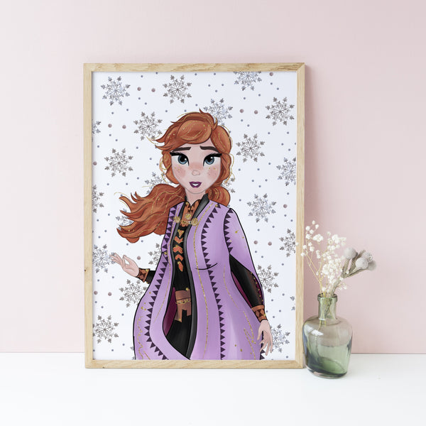 Frozen Anna Wall Print, Snowflake background, Disney Wall Art, Kids Bedroom Decor