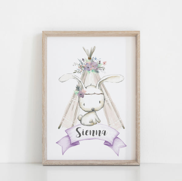 Personalised Woodland Purple Floral Bunny Print Kids Bedroom/Nursery Wall Art Decor