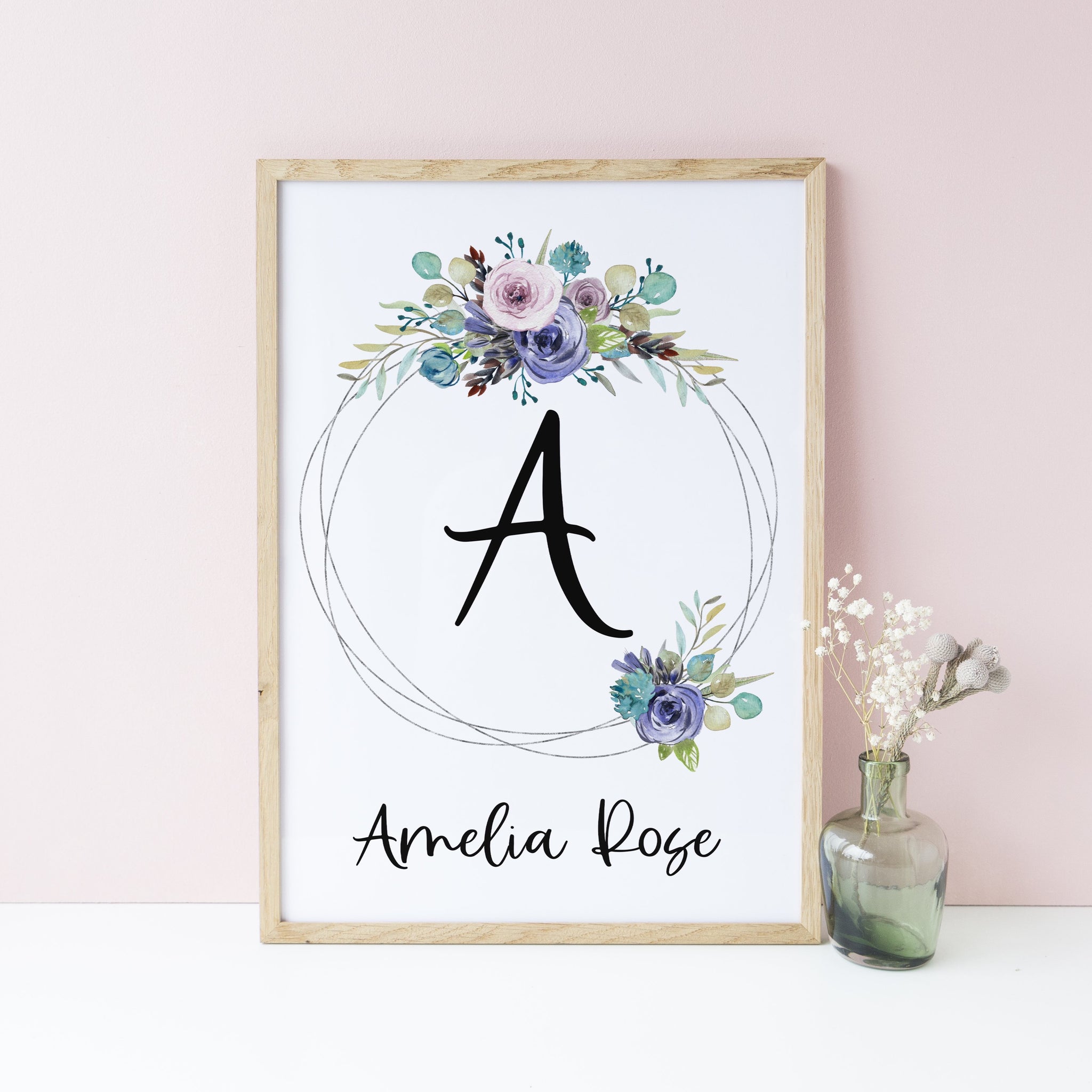 Purple Floral Personalised Wall Print, Girls Bedroom Decor, Custom Name Print, Baby Girl Nursery Print