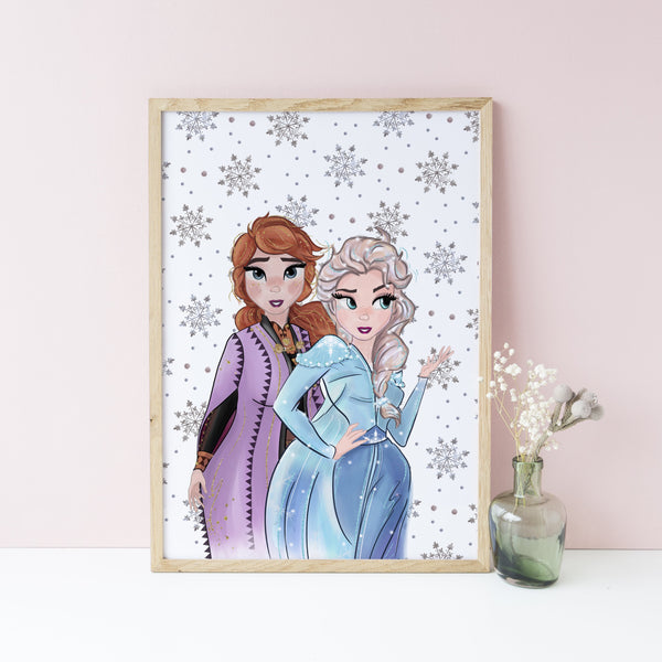 Frozen Elsa and Anna Wall Print, Snowflake background, Disney Wall Art, Kids Bedroom Decor