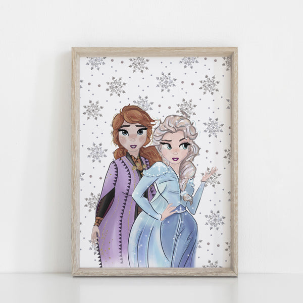 Frozen Elsa and Anna Wall Print, Snowflake background, Disney Wall Art, Kids Bedroom Decor