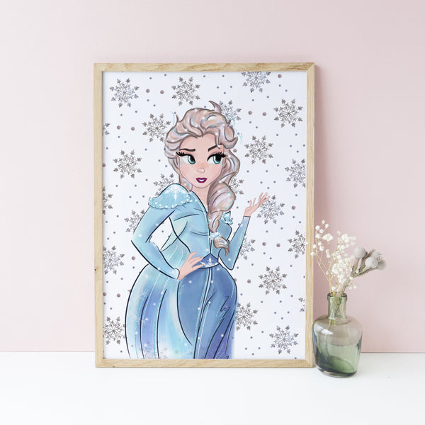 Frozen Elsa Wall Print, Snowflake background, Disney Wall Art, Kids Bedroom Decor