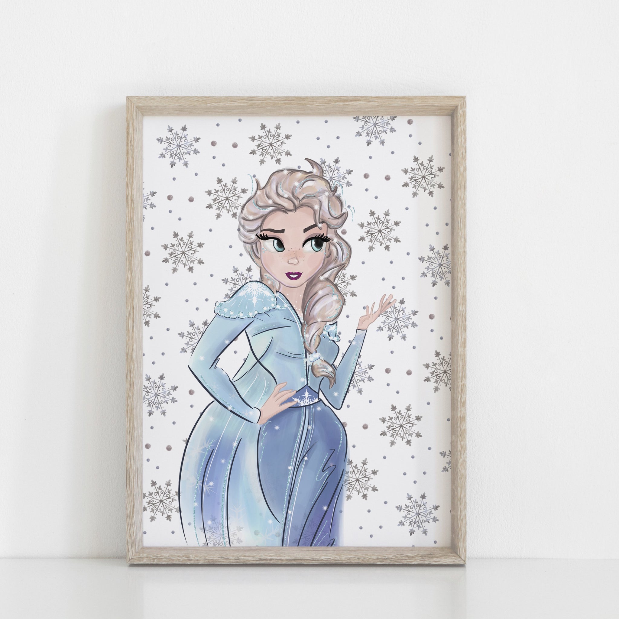 Frozen Elsa Wall Print, Snowflake background, Disney Wall Art, Kids Bedroom Decor