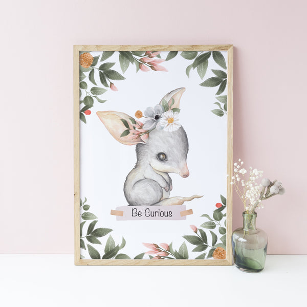 Bilby Wall Print, Australiana Nursery Decor, "Be Curious Bilby", Floral Crown Greenery Border, Baby Nursery Wall Print