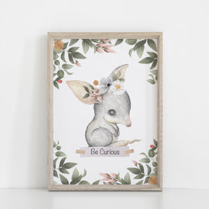 Bilby Wall Print, Australiana Nursery Decor, "Be Curious Bilby", Floral Crown Greenery Border, Baby Nursery Wall Print