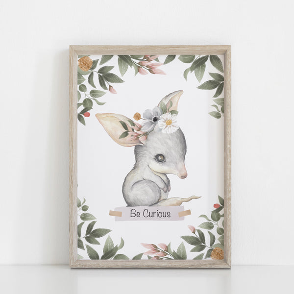 Australian Animal Wall Prints, Set of 4 Nursery Prints, Floral Crown Kangaroo Koala Bilby Platypus