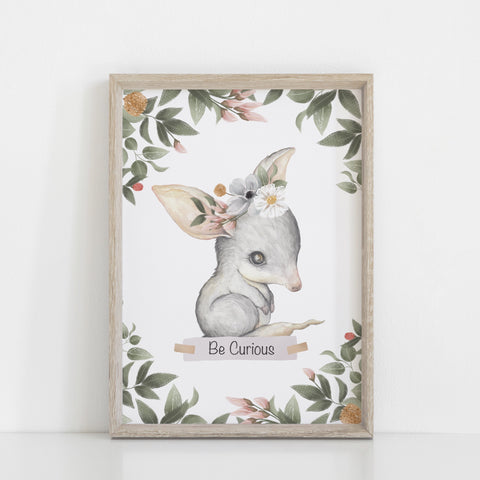 Bilby Wall Print, Australiana Nursery Decor, "Be Curious Bilby", Floral Crown Greenery Border, Baby Nursery Wall Print