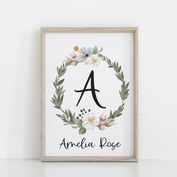 Soft Floral and Greenery Personalised Wall Print, Girls Bedroom Decor, Custom Name Print, Baby Girl Nursery Print