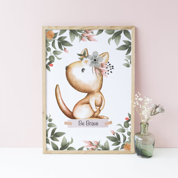 Kangaroo Wall Print, Australiana Nursery Decor, "Be Brave" Kangaroo, Floral Crown Greenery Border, Baby Nursery Wall Print
