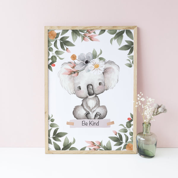Koala Wall Print, Australiana Nursery Decor, "Be Kind" Koala, Floral Crown Greenery Border, Baby Nursery Wall Print