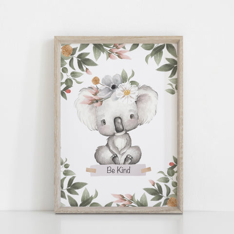 Koala Wall Print, Australiana Nursery Decor, "Be Kind" Koala, Floral Crown Greenery Border, Baby Nursery Wall Print