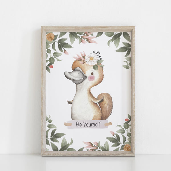 Australian Animal Wall Prints, Set of 4 Nursery Prints, Floral Crown Kangaroo Koala Bilby Platypus