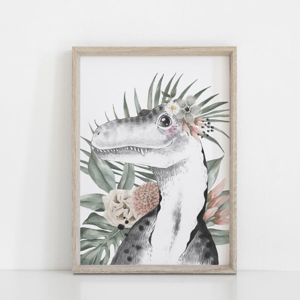 Floral Dinosaur Wall Art Print, Tyrannosaurus Rex. Girls Bedroom Wall Art, Jurassic Theme Nursery Kids Bedroom Decor