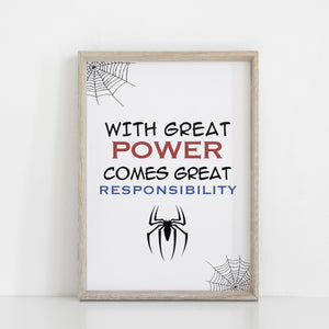 With Great Power Comes Great Responsibility..... Kids Bedroom Wall Art Decor, Comic Character, Superhero Wall Art Print