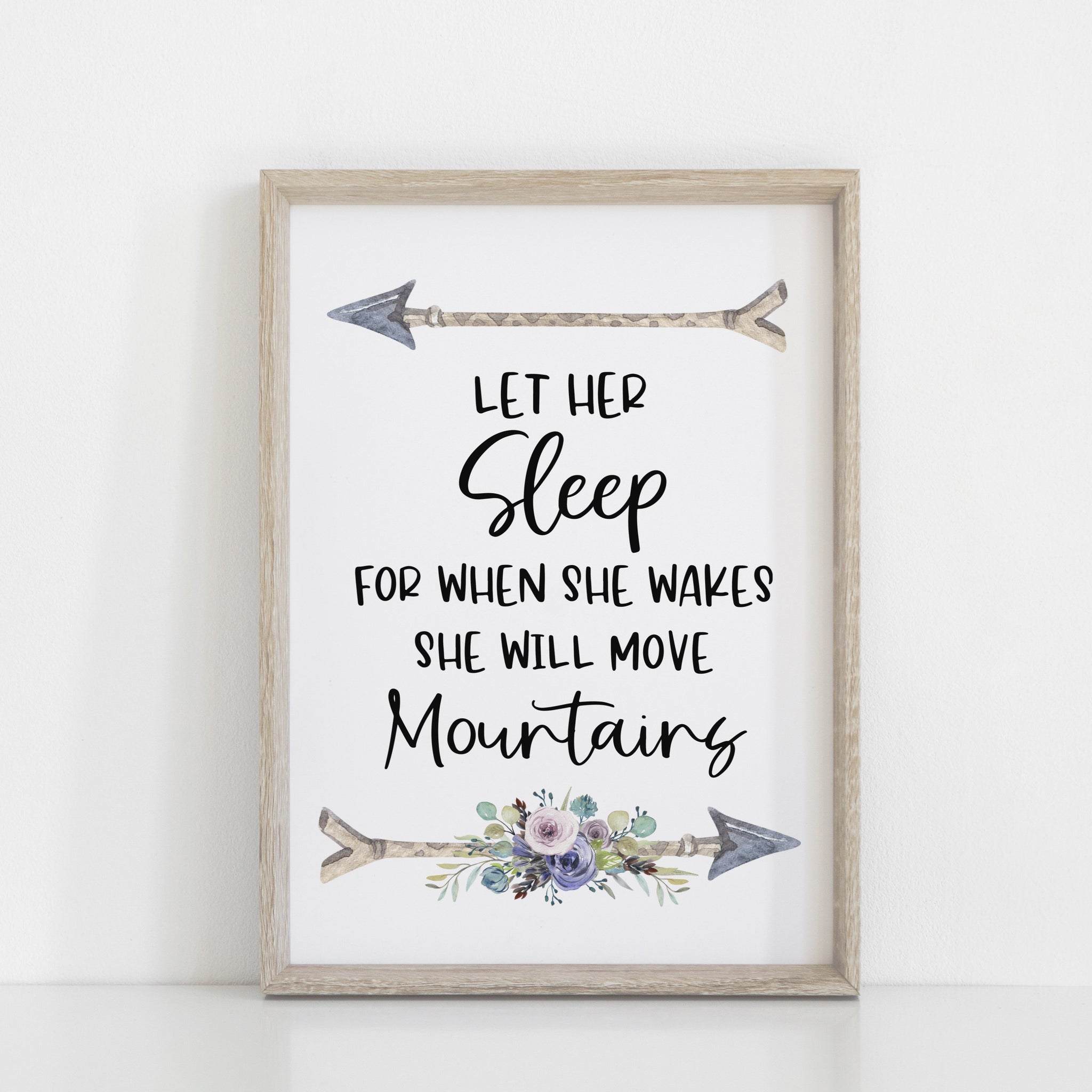 Let Her Sleep For When She Wakes, She Will Move Mountains, Purple Floral Girls Bedroom Wall Print, Nursery Decor Home Print