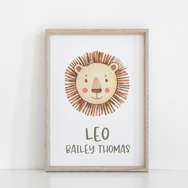 Personalised Name and Birth Print, Lion Neutral Bedroom Wall Art, Toy Room Theme, Nursery Art