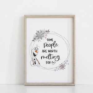 Frozen Olaf Quote Wall Print, Some People are Worth Melting For, Disney Wall Art, Kids Bedroom Decor
