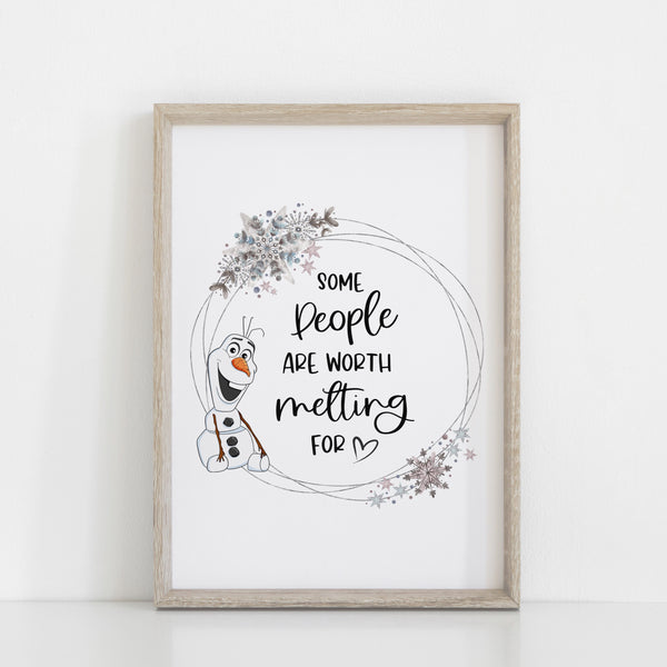 Frozen Elsa & Anna Wall Print Set of 3, Olaf Some People are Worth Melting For Quote, Disney Wall Art, Kids Bedroom Decor, Frozen Wall Print