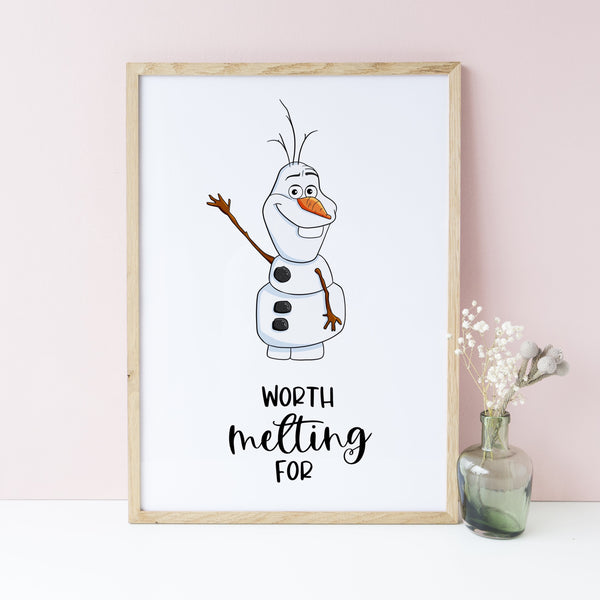Frozen Olaf Quote Wall Print, Worth Melting For, Disney Wall Art, Kids Bedroom Decor