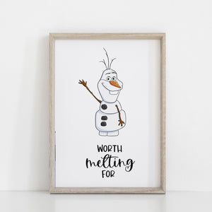 Frozen Olaf Quote Wall Print, Worth Melting For, Disney Wall Art, Kids Bedroom Decor