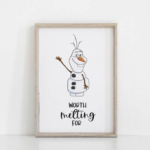 Frozen Olaf Quote Wall Print, Worth Melting For, Disney Wall Art, Kids Bedroom Decor