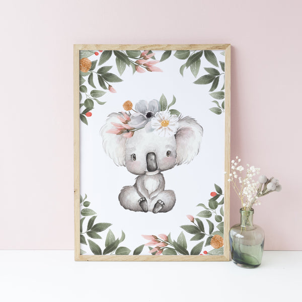 Australian Animal Wall Art Print Set, Soft Floral Girl's Personalised Nursery/Bedroom Wall Art Decor