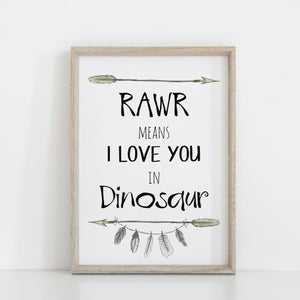 RAWR Means I Love You in Dinosaur Quote Wall Print, Kids bedroom playroom wall print, Dinosaur Theme Jurassic wall decor